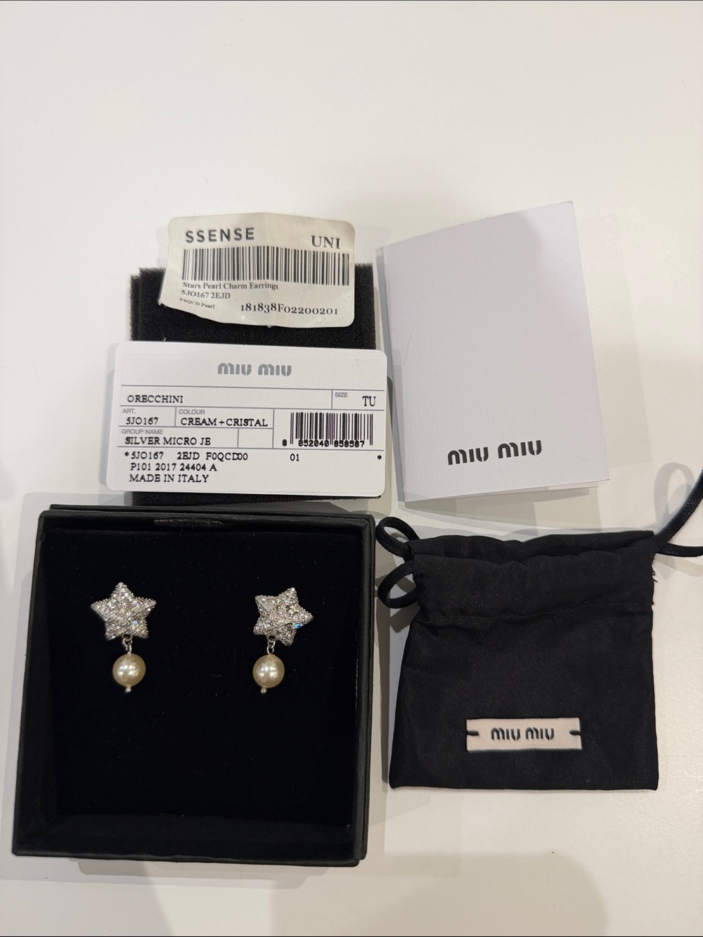 Miu Miu Silver Crystal Star Earrings with Cream Pearl Drops